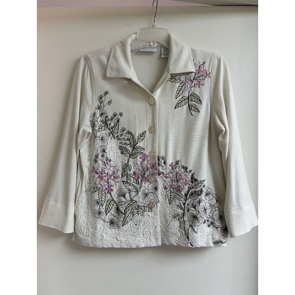 Vtg Draper’s & Damon’s Cream Blazer Beaded Petite Small Floral Lace Linen Asian - Picture 2 of 8